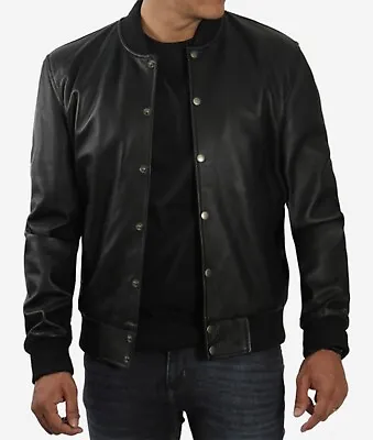 Buy Men Baseball Style Black Leather Bomber Jacket • 19£