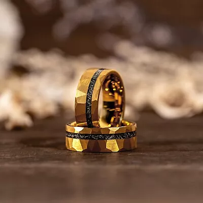 Buy Yellow Gold Tungsten Meteorite Ring Hammered Mens Wedding Band, Unique Men Ring • 94.49£