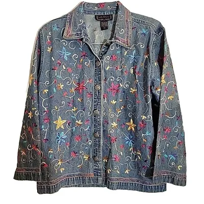 Buy Vintage Life Style Denim Jacket 100% Cotton Small Embroidered Floral Detail 90's • 17.02£