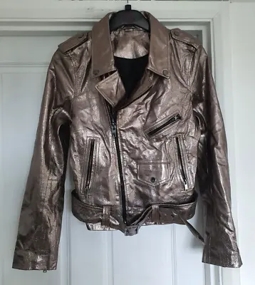Buy Women`s Faux Leather Biker Jacket UK Size 8 Belted Metallic Grey • 3£