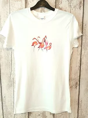 Buy Flamingo Bird T-Shirt White Cotton Size M Top Unisex T Shirt Holiday Tee Cute • 9.35£