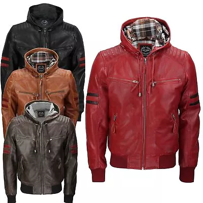 Buy XPOSED Mens Real Leather Hood Bomber Jacket Biker Slim Fit Quilted Red Stripes • 69.99£