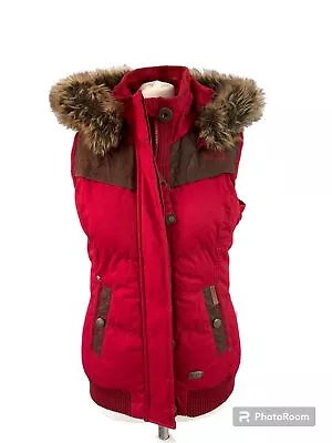 Buy Khujo Ladies Red Puffy Sleeveless Jacket Gilet Body Warmer M Hood Faux Fur Trim • 35£