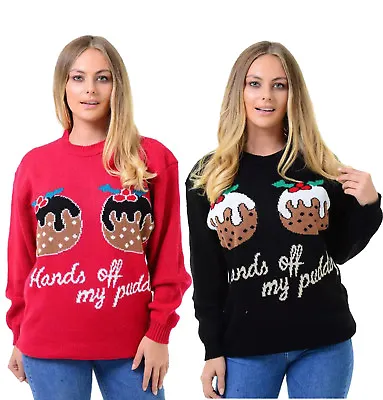 Buy WOMENS XMAS CHRISTMAS NOVELTY KNITTED RETRO JUMPER SWEATER Hands Off My Pudding • 9.95£
