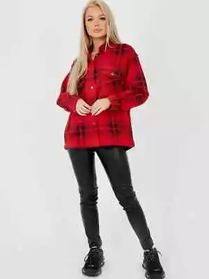 Buy New Ladies Oversize Baggy Fleece Lined Checked Shacket Casual Button Up Jacket • 8.99£