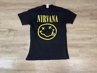 Buy Women’s Nirvana Smiley Face Graphic T-Shirt Size M Open Sides Black Grunge Rock • 6.79£