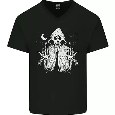 Buy Grim Reaper Finger Flip Skull Biker Funny Mens V-Neck Cotton T-Shirt • 9.99£