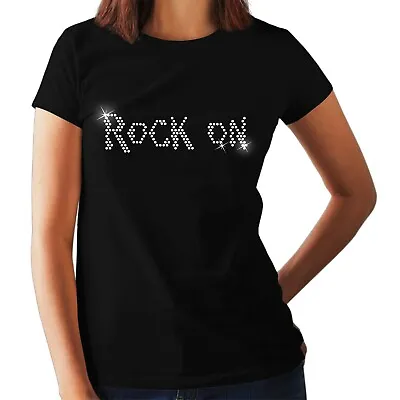 Buy Rock On Rhinestud Ladies T Shirt With (ANY SIZES) • 9.99£