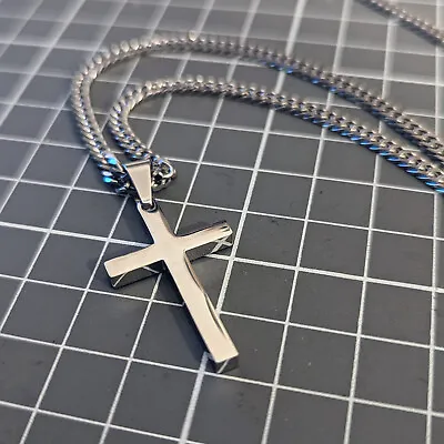 Buy Stainless Steel 32mm Silver Cross Diamond Cut Cuban Chain Necklace Crucifix UK • 7.99£