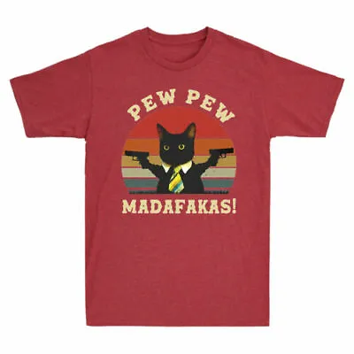 Buy Black Cat Pew Pew Madafakas Funny Cat Gangster With Gun T-Shirt Retro Men's Tee • 13.99£