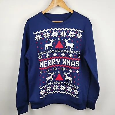 Buy ~ Merry Xmas ~ Christmas Jumper ~ Blue ~ Snowflake Reindeer Design ~ L Large ~ • 14.95£