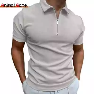 Buy Summer Men's Solid Color Polo Shirt Short Sleeve Turn-Down Collar Zipper Tshirts • 16.99£