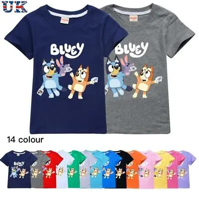 Buy Kids Boys Girls Bingo Bluey Print Summer Beach Short Sleeve T-shirt Tops 2-14Y • 7.27£