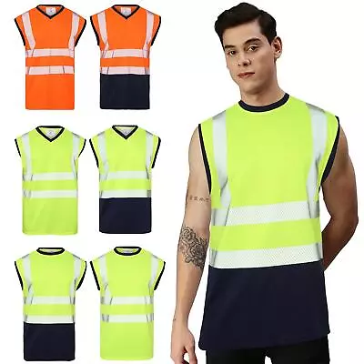 Buy Mens High Visibility Vest Hi Vis Viz Sleeveless Safety Tops Crew V-Neck T Shirts • 13.95£