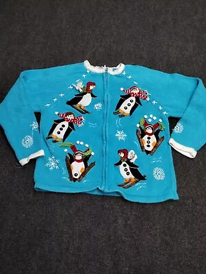 Buy Vintage Tiara Cardigan Penguin Christmas Sweater Teen Large Blue Full Zip • 23.66£