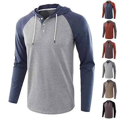 Buy Men's Casual Color Block Long Sleeve Raglan Hoodie Round Bottom T-Shirts Hooded • 27.23£