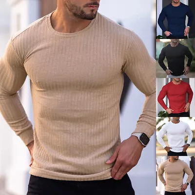 Buy Mens Long Sleeve Tops T-Shirt Slim Stretch Pullover Blouse Ribbed Casual Tee UK • 3.99£