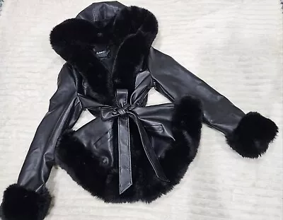 Buy Glamdoll Faux Fur Trim Fleece Lined Hooded Leather Coat Jacket Size 12 Black • 45£