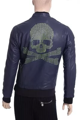 Buy Philipp Plein Leather Jacket Dark Blue With Neon Skull Size: L • 411.63£