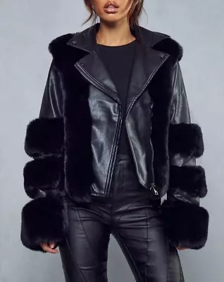 Buy Misspap Ladies Faux Fur Panel Biker Leather Jacket, Size L • 29.95£