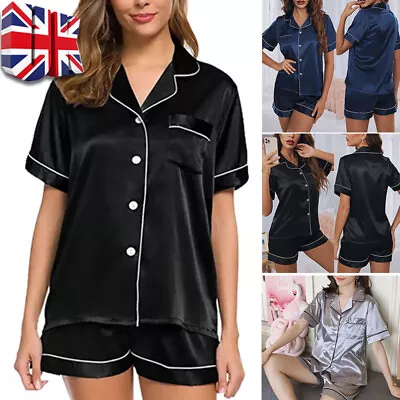 Buy Women Ladies Plain Silky Satin Pyjamas Silk Sleepwear PJS Short Sleeve Nightwear • 3.88£
