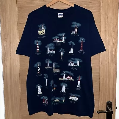 Buy Lighthouses Of USA Graphic All Over Print T-Shirt Navy Blue Souvenir Men’s Large • 14£