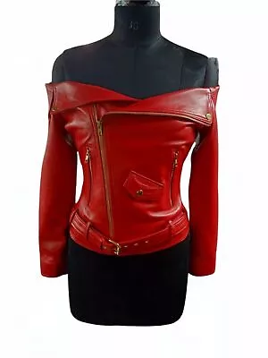 Buy Womens Red Leather Jacket Motorcycle Off Shoulder Lambskin Slim Fit Sexy Jacket • 85.25£