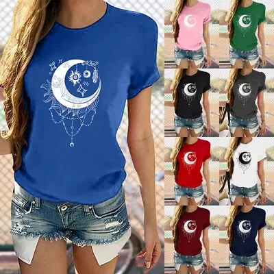 Buy Women T-Shirt Short Sleeve Tops Ladies Moon And Sun Printed Work Boho Graphic • 8.69£