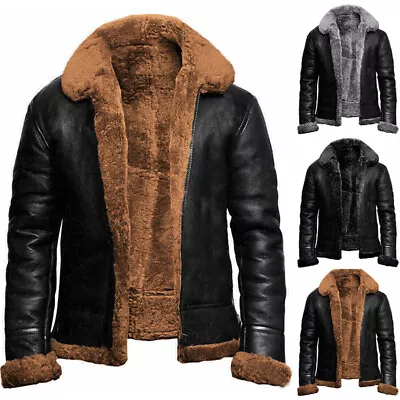 Buy Mens Faux Fur PU Leather Jacket Winter Zipper Warm Coat Outwear Overcoat Tops ! • 14.39£
