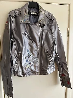 Buy Silver Embroidered Biker Jacket Size XL • 4.99£