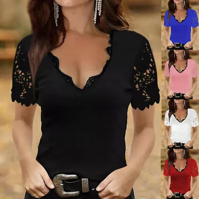 Buy Ladies Summer Short Sleeve T Shirts Tops Womens V-Neck Lace Blouse Tee SIZE 6-24 • 9.55£