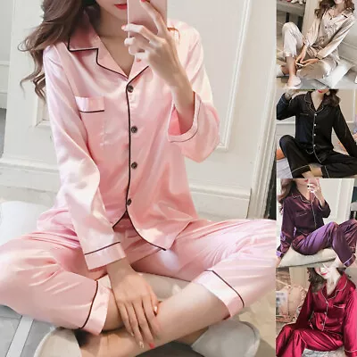 Buy UK Satin Pyjamas Ladies Womens PJs Silk Long Sleeve Soft Nightwear Sleepwear Set • 2.99£