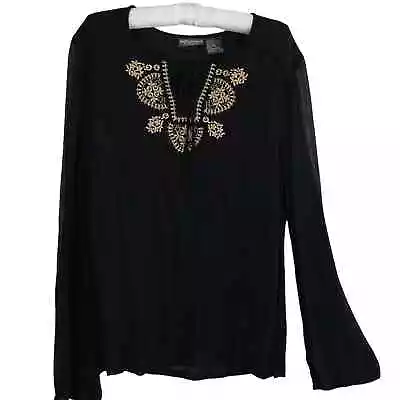 Buy NWT Black & Gold Embroidered Loose Fit Boho Blouse Shirt By Notations Sz Small • 13.50£