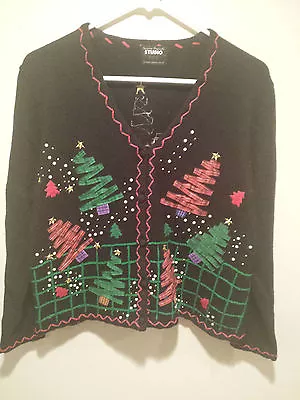 Buy Vintage Ugly Christmas Sweater Tacky - Medium M Black Designer Studios Xmas Tree • 13.44£