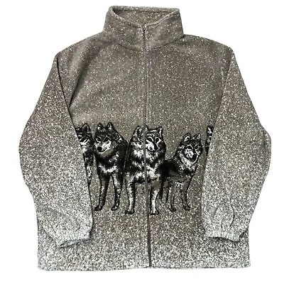 Buy Vintage Wolf Fleece Jacket All Over Print Patterned Y2K Brown Womens UK 16/18 • 34.99£