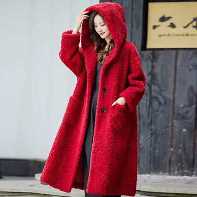 Buy Shearling Fur Coat Women Lamb Wool Fur Hooded Long Single Breasted Jackets Warm • 173.61£