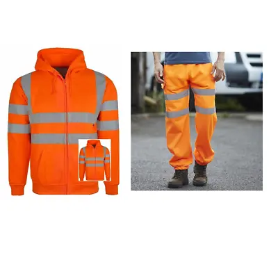 Buy Men's Hi Visibility Hoodie Trouser Set Work Safety Sweat Jacket Zip Front S- 3XL • 34.99£