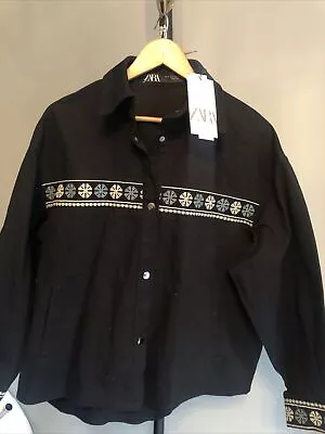 Buy Womens ZARA Black Denim Overshirt Embroidered Snowflakes Cotton Jacket Sz S (NWT • 12.99£