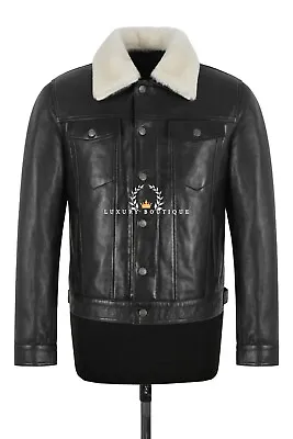 Buy Mens Truckers Black Napa Leather Jacket Sheepskin Collar Casual Denim Look 9429 • 160£
