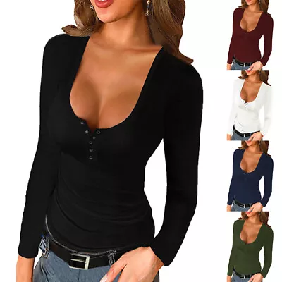 Buy Womens Long Sleeve Button Undershirts Low Cut Fitted Ribbed Knit T-shirts Solid • 15.99£