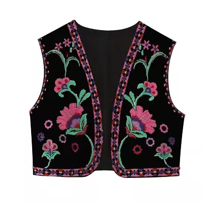 Buy Women Retro Embroidery Vest Boho Floral Crop Cardigan Waistcoat Coat Jacket Tops • 11.39£