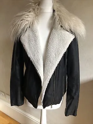 Buy Marks & Spencer Limited Edition Faux Leather Black Jacket Size 12 Fluffy Collar • 15£