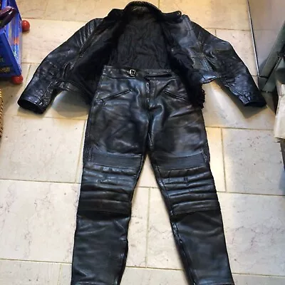 Buy Black Leather Motorcycle Jacket 38 And Trousers 30 Set Small • 80£