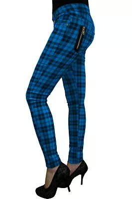 Buy Blue Tartan Check Skinny Emo Punk Rockabilly Stretch Trousers By BANNED Apparel • 34.99£