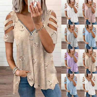 Buy Women Cold Shoulder T Shirt Blouse Ladies Summer Casual Loose Zipper Tunic Tops • 2.99£