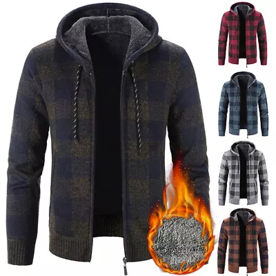Buy Mens Plaid Hoodie Knitted Cardigan Fleece Lined Winter Up Thick Thermal Jumper • 18.68£