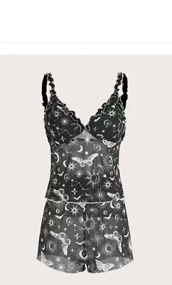 Buy ROMWE Goth Moon & Butterfly Graphic Sheer Frill Trim PJ Pajama Set - Size Medium • 8.69£
