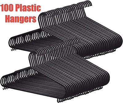 Buy 100 Black Adult Clothes Plastic Hangers Coat  Trousers/hangers W Trouser Bar • 15.99£
