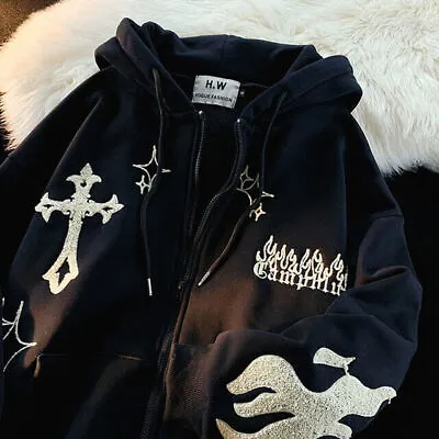 Buy Y2k Oversized Hoodies Retro Hip Hop Jacket Gothic Embroidery Zip Up Sweatshirt ~ • 21.39£
