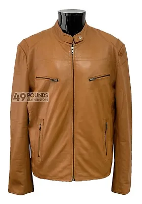 Buy 'SPEED' Men's TAN Cool Retro Biker Style Soft REAL Napa Leather Jacket P-431 • 49£
